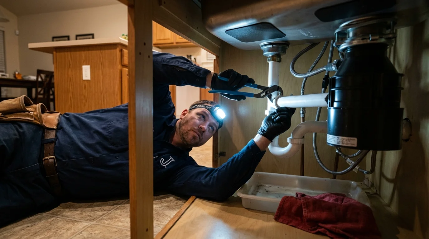P-trap and supply line connections under a kitchen sink showing a common leak point in Buffalo, SD